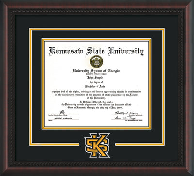 Image of Kennesaw State University Diploma Frame - Mahogany Braid - 3D Laser KS Logo Cutout - Black on Golden Yellow mat