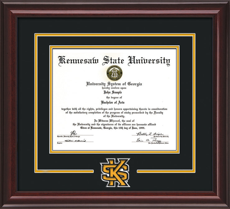 Image of Kennesaw State University Diploma Frame - Mahogany Lacquer - 3D Laser KS Logo Cutout - Black on Golden Yellow mat