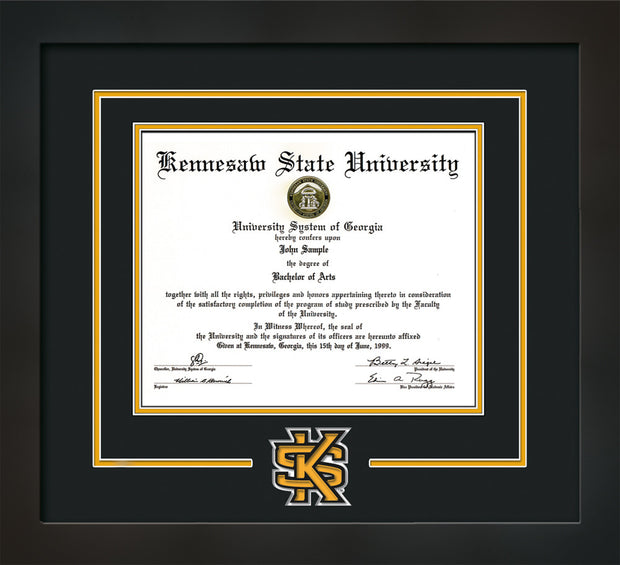 Image of Kennesaw State University Diploma Frame - Flat Matte Black - 3D Laser KS Logo Cutout - Black on Golden Yellow mat