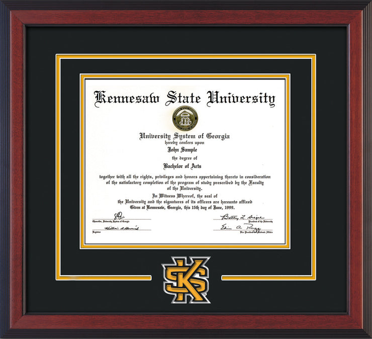 Image of Kennesaw State University Diploma Frame - Cherry Reverse - 3D Laser KS Logo Cutout - Black on Golden Yellow mat