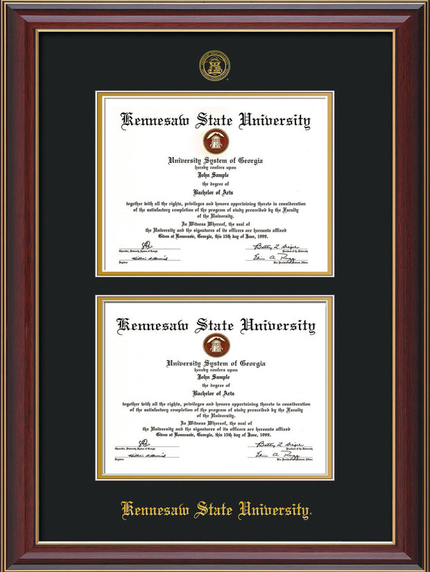 Image of Kennesaw State University Diploma Frame - Cherry Lacquer - with KSU Seal - Double Diploma - Black on Gold mat