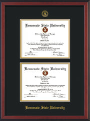 Image of Kennesaw State University Diploma Frame - Cherry Reverse - with KSU Seal - Double Diploma - Black on Gold mat