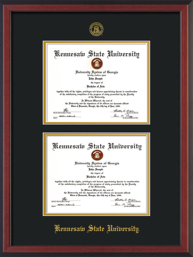 Image of Kennesaw State University Diploma Frame - Cherry Reverse - with KSU Seal - Double Diploma - Black on Gold mat