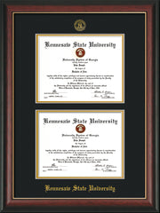 Image of Kennesaw State University Diploma Frame - Rosewood w/Gold Lip - with KSU Seal - Double Diploma - Black on Gold mat