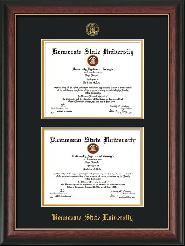Image of Kennesaw State University Diploma Frame - Rosewood w/Gold Lip - with KSU Seal - Double Diploma - Black on Gold mat