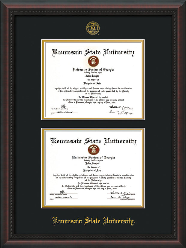 Image of Kennesaw State University Diploma Frame - Mahogany Braid - with KSU Seal - Double Diploma - Black on Gold mat