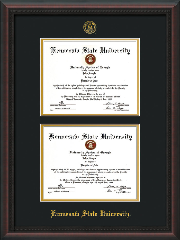 Image of Kennesaw State University Diploma Frame - Mahogany Braid - with KSU Seal - Double Diploma - Black on Gold mat
