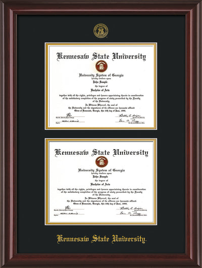 Image of Kennesaw State University Diploma Frame - Mahogany Lacquer - with KSU Seal - Double Diploma - Black on Gold mat