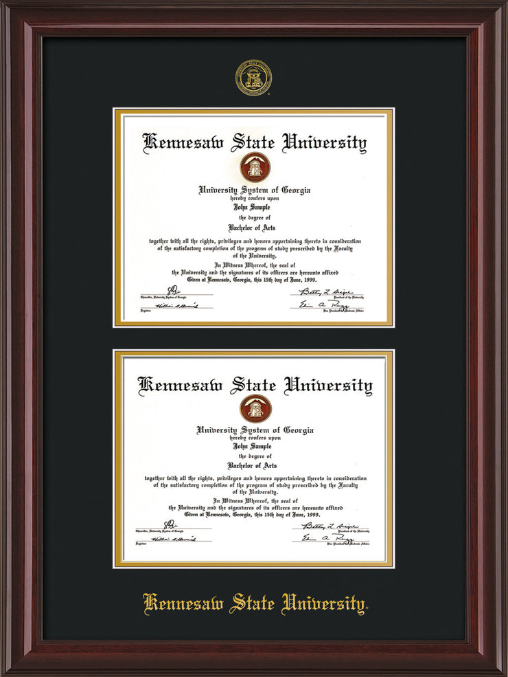 Image of Kennesaw State University Diploma Frame - Mahogany Lacquer - with KSU Seal - Double Diploma - Black on Gold mat