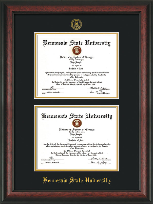 Image of Kennesaw State University Diploma Frame - Rosewood - with KSU Seal - Double Diploma - Black on Gold mat
