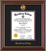 Image of Lynchburg College Diploma Frame - Cherry Lacquer - w/24k Gold Plated Medallion LC Name Embossing - Black on Crimson Mat