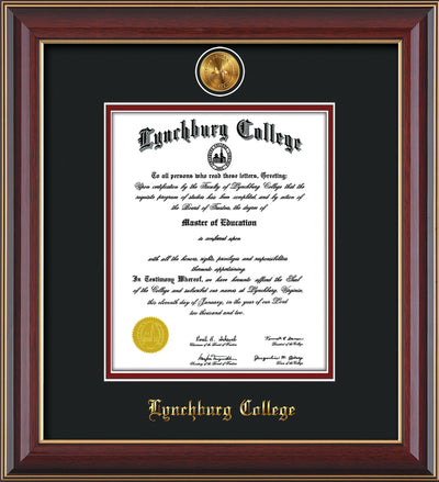 Image of Lynchburg College Diploma Frame - Cherry Lacquer - w/24k Gold Plated Medallion LC Name Embossing - Black on Crimson Mat