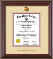 Image of Lynchburg College Diploma Frame - Cherry Lacquer - w/24k Gold Plated Medallion LC Name Embossing - Cream on Crimson Mat