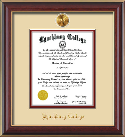 Image of Lynchburg College Diploma Frame - Cherry Lacquer - w/24k Gold Plated Medallion LC Name Embossing - Cream on Crimson Mat