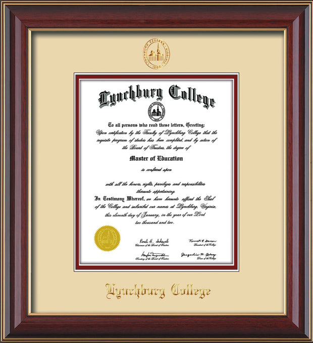 Image of Lynchburg College Diploma Frame - Cherry Lacquer - w/Embossed LC Seal & Name - Cream on Crimson mat