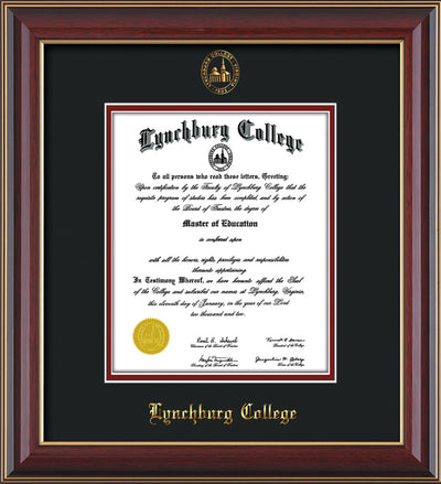 Image of Lynchburg College Diploma Frame - Cherry Lacquer - w/Embossed LC Seal & Name - Black on Crimson mat