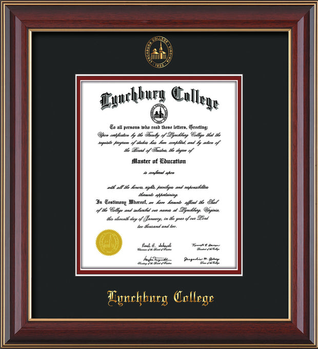 Image of Lynchburg College Diploma Frame - Cherry Lacquer - w/Embossed LC Seal & Name - Black on Crimson mat