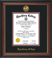 Image of Lynchburg College Diploma Frame - Rosewood w/Gold Lip - w/24k Gold Plated Medallion LC Name Embossing - Black on Crimson Mat
