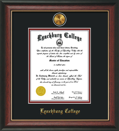 Image of Lynchburg College Diploma Frame - Rosewood w/Gold Lip - w/24k Gold Plated Medallion LC Name Embossing - Black on Crimson Mat