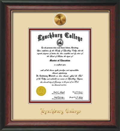 Image of Lynchburg College Diploma Frame - Rosewood w/Gold Lip - w/24k Gold Plated Medallion LC Name Embossing - Cream on Crimson Mat