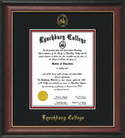 Image of Lynchburg College Diploma Frame - Rosewood w/Gold Lip - w/Embossed LC Seal & Name - Black on Crimson mat