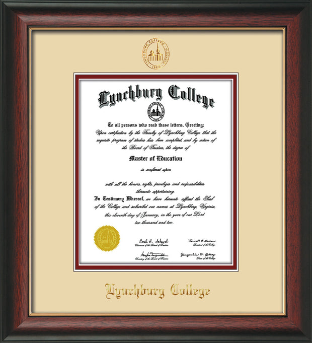 Image of Lynchburg College Diploma Frame - Rosewood w/Gold Lip - w/Embossed LC Seal & Name - Cream on Crimson mat