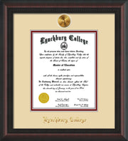 Image of Lynchburg College Diploma Frame - Mahogany Braid - w/24k Gold Plated Medallion LC Name Embossing - Cream on Crimson Mat
