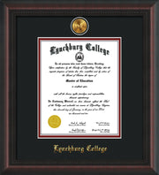 Image of Lynchburg College Diploma Frame - Mahogany Braid - w/24k Gold Plated Medallion LC Name Embossing - Black on Crimson Mat