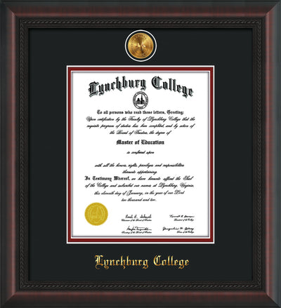 Image of Lynchburg College Diploma Frame - Mahogany Braid - w/24k Gold Plated Medallion LC Name Embossing - Black on Crimson Mat