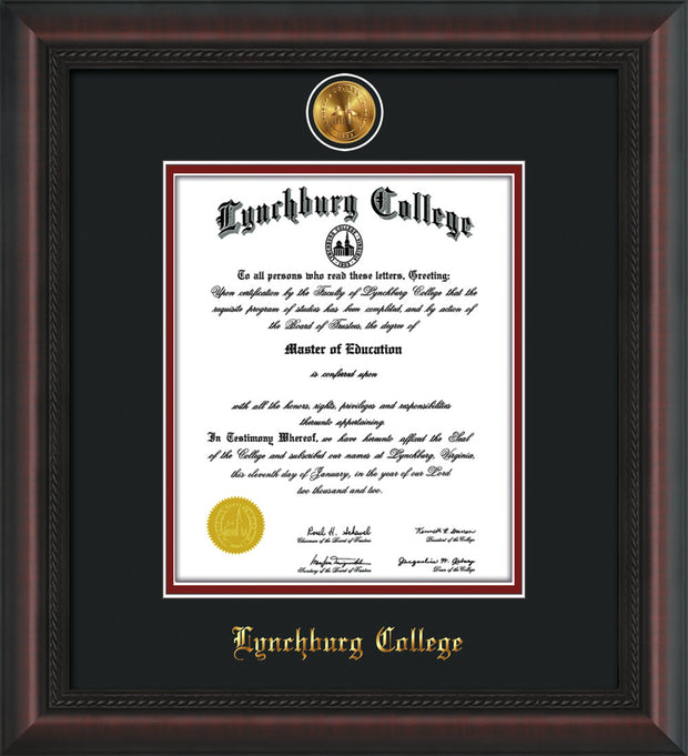 Image of Lynchburg College Diploma Frame - Mahogany Braid - w/24k Gold Plated Medallion LC Name Embossing - Black on Crimson Mat