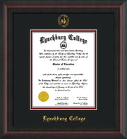 Image of Lynchburg College Diploma Frame - Mahogany Braid - w/Embossed LC Seal & Name - Black on Crimson mat