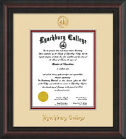 Image of Lynchburg College Diploma Frame - Mahogany Braid - w/Embossed LC Seal & Name - Cream on Crimson mat