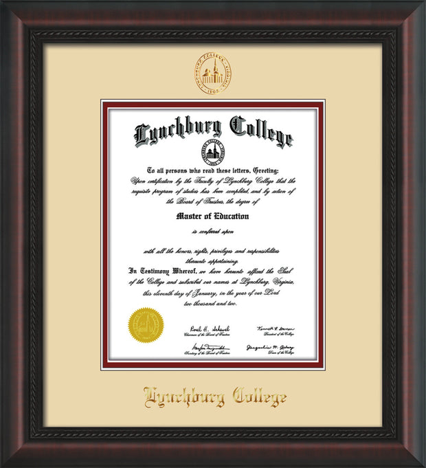 Image of Lynchburg College Diploma Frame - Mahogany Braid - w/Embossed LC Seal & Name - Cream on Crimson mat