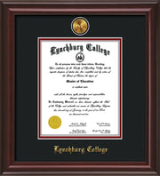 Image of Lynchburg College Diploma Frame - Mahogany Lacquer - w/24k Gold Plated Medallion LC Name Embossing - Black on Crimson Mat