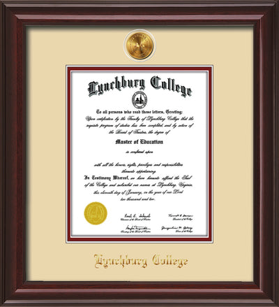 Image of Lynchburg College Diploma Frame - Mahogany Lacquer - w/24k Gold Plated Medallion LC Name Embossing - Cream on Crimson Mat