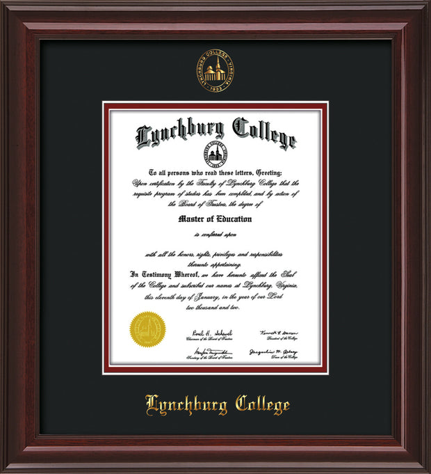 Image of Lynchburg College Diploma Frame - Mahogany Lacquer - w/Embossed LC Seal & Name - Black on Crimson mat