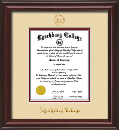 Image of Lynchburg College Diploma Frame - Mahogany Lacquer - w/Embossed LC Seal & Name - Cream on Crimson mat
