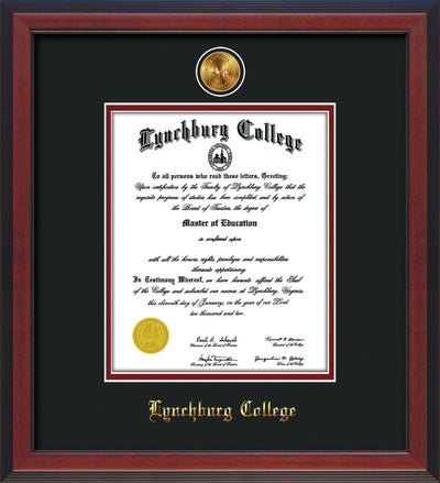 Image of Lynchburg College Diploma Frame - Cherry Reverse - w/Embossed LC Seal & Name - Cream on Crimson mat