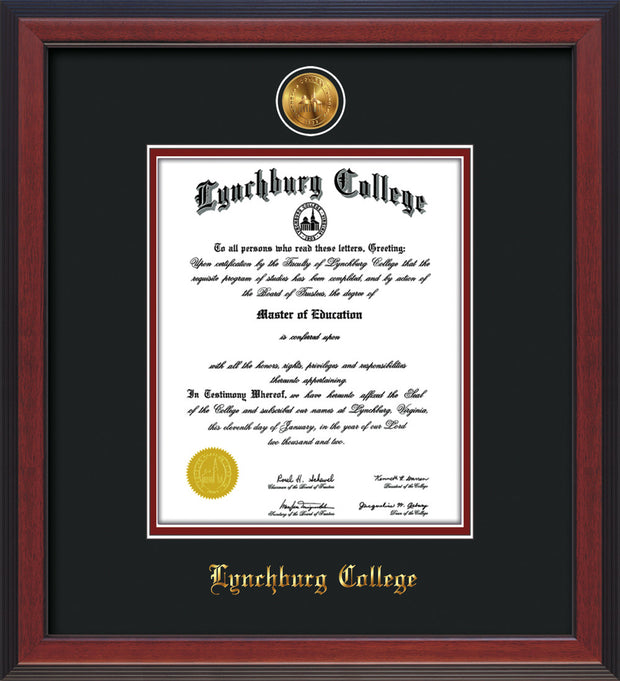 Image of Lynchburg College Diploma Frame - Cherry Reverse - w/Embossed LC Seal & Name - Cream on Crimson mat
