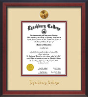 Image of Lynchburg College Diploma Frame - Cherry Reverse - w/24k Gold Plated Medallion LC Name Embossing - Cream on Crimson Mat
