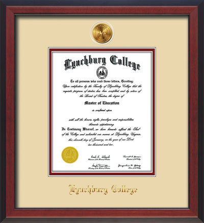 Image of Lynchburg College Diploma Frame - Cherry Reverse - w/24k Gold Plated Medallion LC Name Embossing - Cream on Crimson Mat