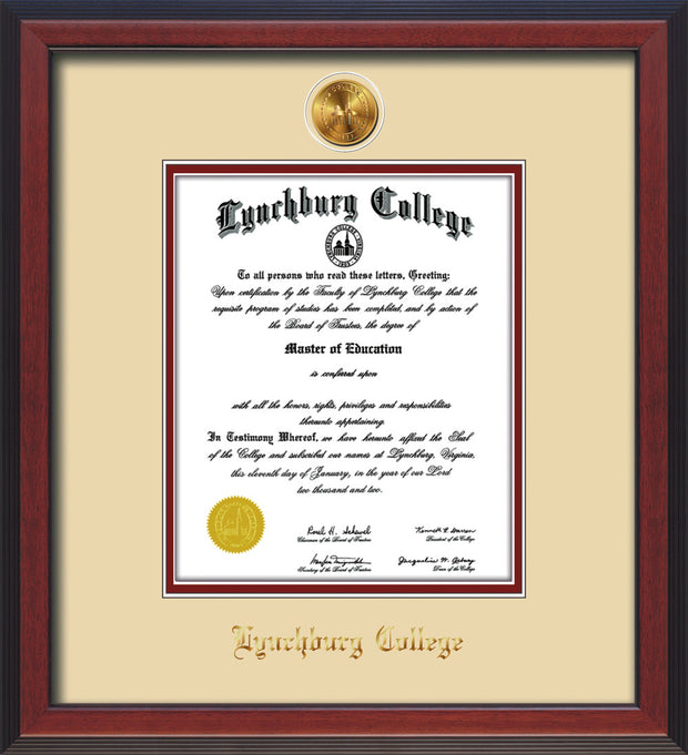 Image of Lynchburg College Diploma Frame - Cherry Reverse - w/24k Gold Plated Medallion LC Name Embossing - Cream on Crimson Mat