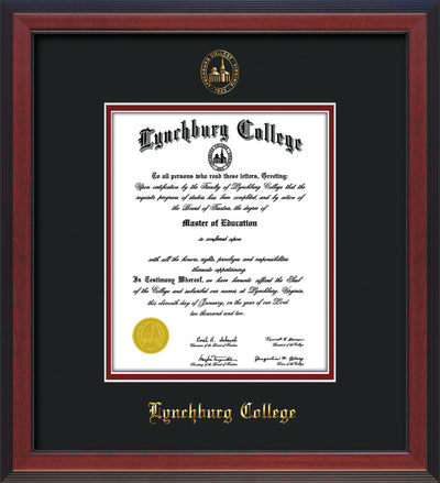 Image of Lynchburg College Diploma Frame - Cherry Reverse - w/Embossed LC Seal & Name - Black on Crimson mat