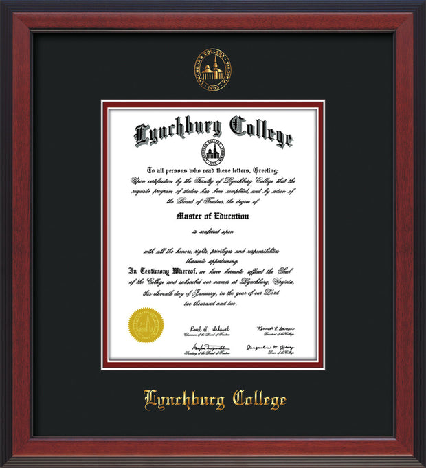 Image of Lynchburg College Diploma Frame - Cherry Reverse - w/Embossed LC Seal & Name - Black on Crimson mat
