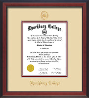 Image of Lynchburg College Diploma Frame - Cherry Reverse - w/Embossed LC Seal & Name - Cream on Crimson mat