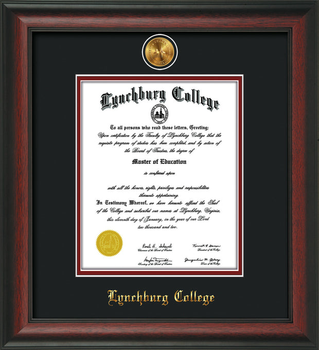Image of Lynchburg College Diploma Frame - Rosewood - w/24k Gold Plated Medallion LC Name Embossing - Black on Crimson Mat