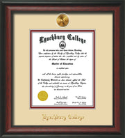 Image of Lynchburg College Diploma Frame - Rosewood - w/24k Gold Plated Medallion LC Name Embossing - Cream on Crimson Mat
