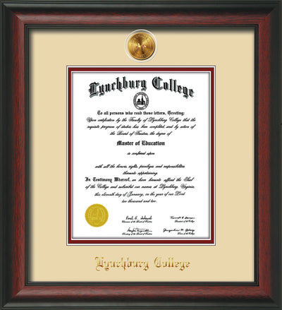 Image of Lynchburg College Diploma Frame - Rosewood - w/24k Gold Plated Medallion LC Name Embossing - Cream on Crimson Mat