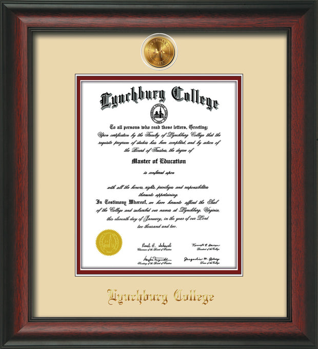 Image of Lynchburg College Diploma Frame - Rosewood - w/24k Gold Plated Medallion LC Name Embossing - Cream on Crimson Mat