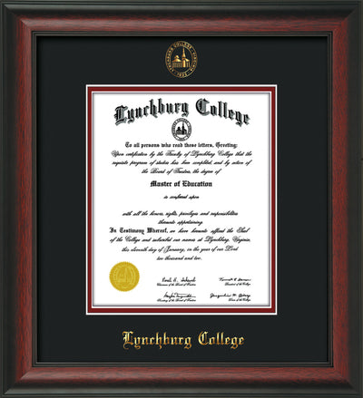 Image of Lynchburg College Diploma Frame - Rosewood - w/Embossed LC Seal & Name - Black on Crimson mat